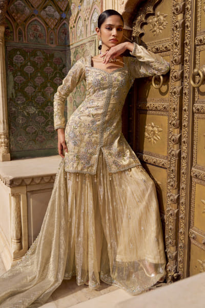 Gold tissue sharara set