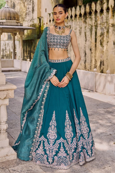 Teal green zari embroidered lehenga set