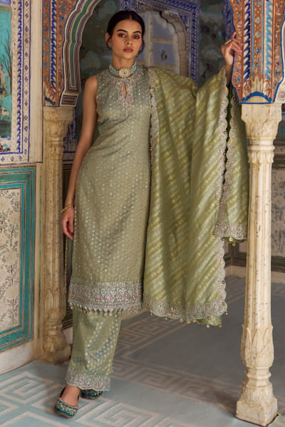 Mint green embroidered kurta set
