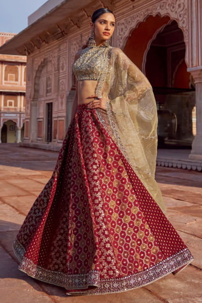 Maroon and gold brocade lehenga set