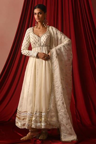 White zari embroidered anarkali set