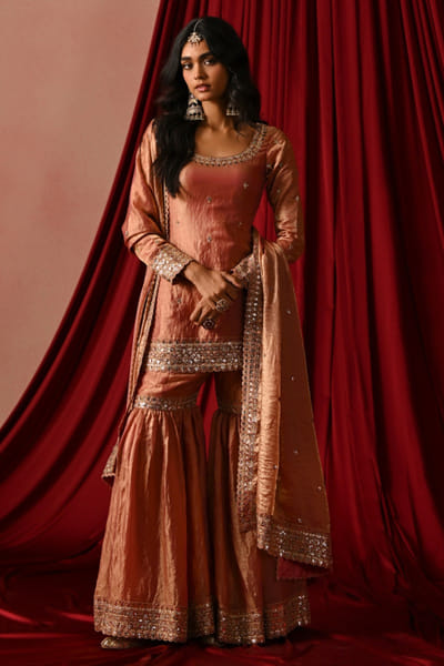 Copper rose sequin embroidered gharara set