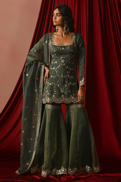 Green sequin embroidered gharara set