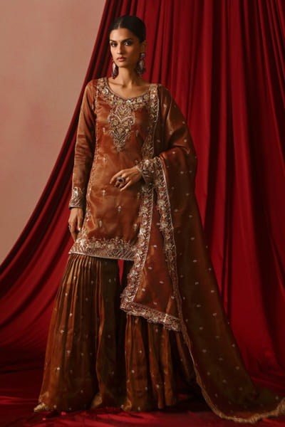 Dark rust sequin embroidered gharara set