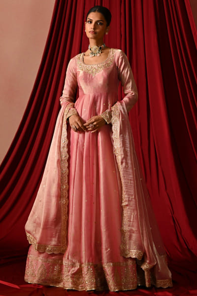 Rose pink sequin embroidered anarkali set