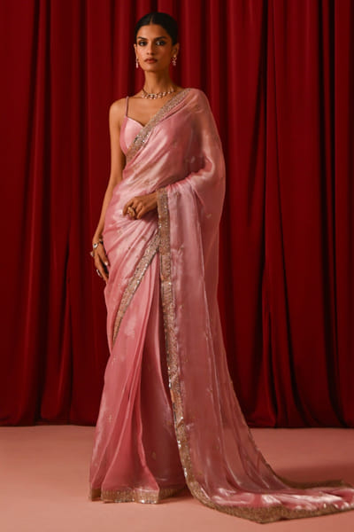 Pink thread embroidered sari set