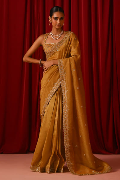 Mustard sequin embroidered sari set