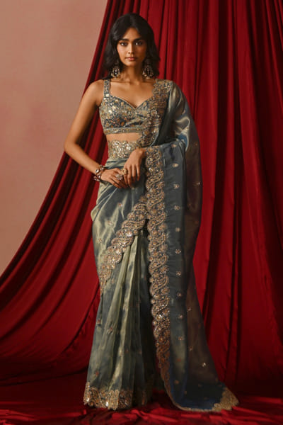 Blue sequin embroidered sari set