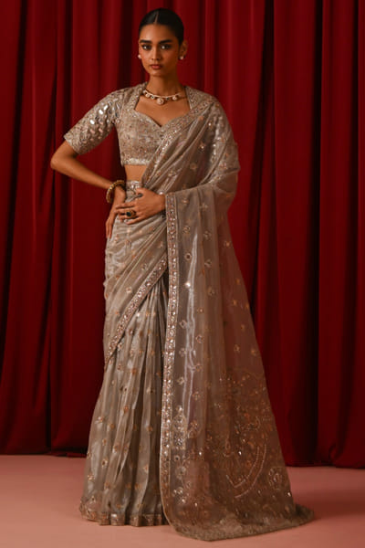 Silver zari embroidered sari set