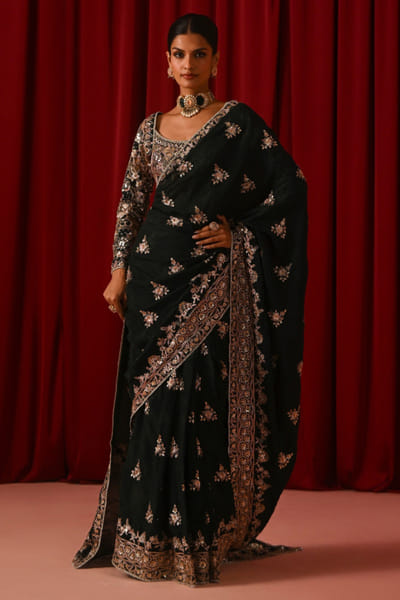 Green sequin embroidered sari set