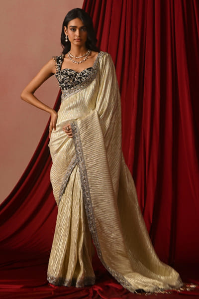 Black and golden cream embroidered sari set