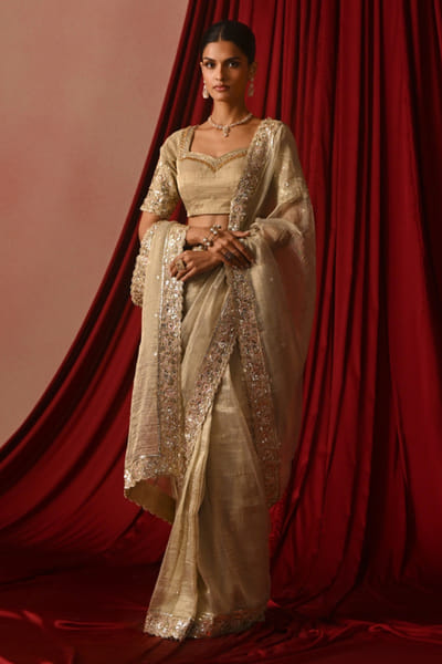 Golden cream zari embroidered sari set