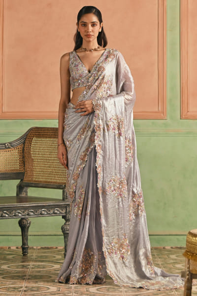 Grey embroidered tissue silk sari set