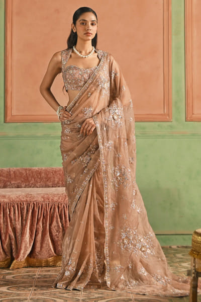 Rose gold embroidered organza sari set