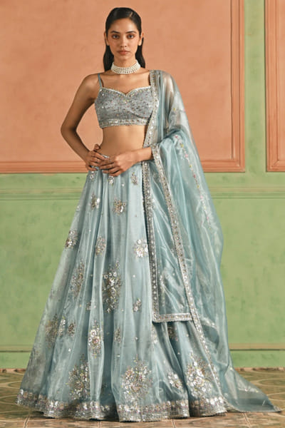 Mint blue zari embroidered lehenga set