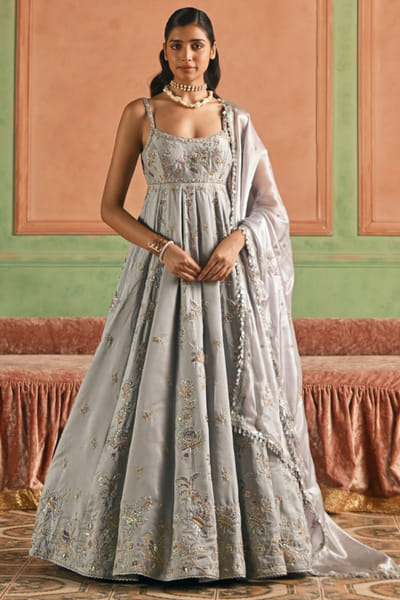 Lashkaraa Grey zari embroidered anarkali set LASFEB26D138814