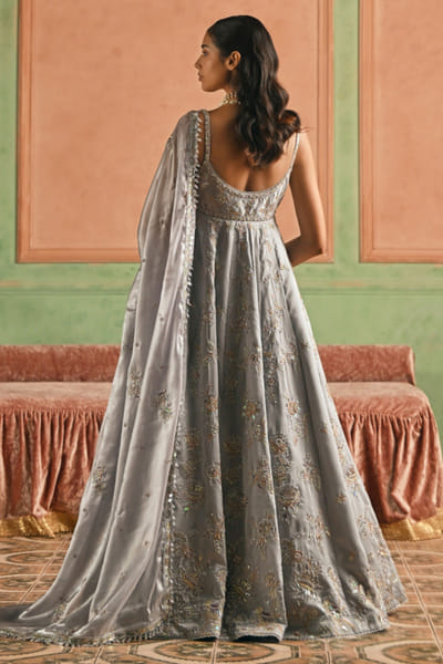 Lashkaraa Grey zari embroidered anarkali set LASFEB26D138814