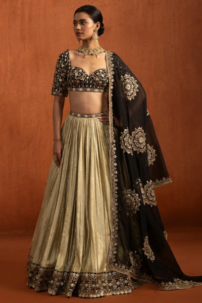 Black and gold lampi embroidered lehenga set