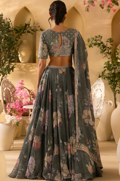 Lashkaraa Green floral embroidered lehenga set LASHJUL26D149623