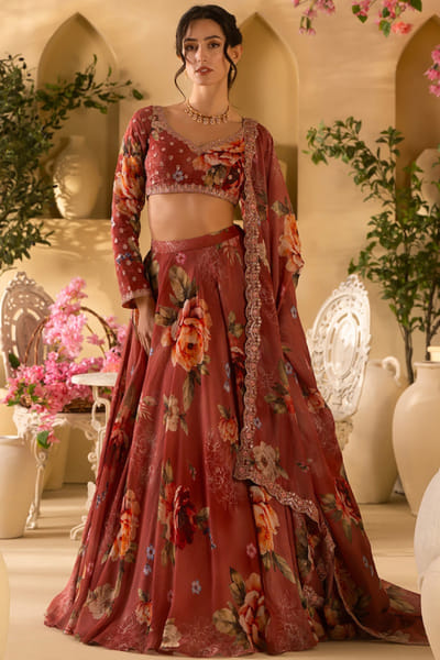 Lashkaraa Dusty rose floral embroidered lehenga set LASHJUL26D149625