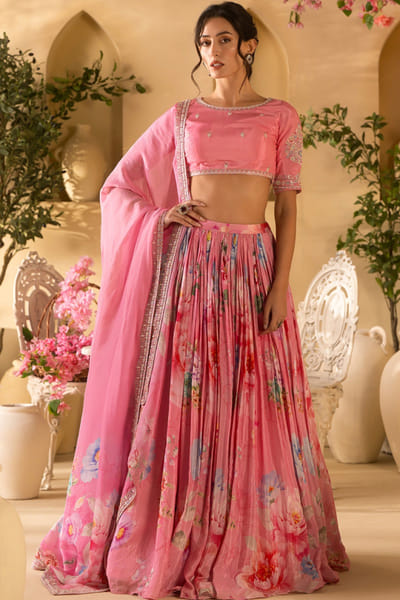 Lashkaraa Pink floral embroidered lehenga set LASHJUL26D149627