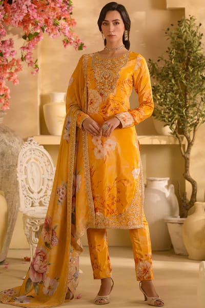 Lashkaraa Marigold yellow floral embroidered kurta set LASHJUL26D149630