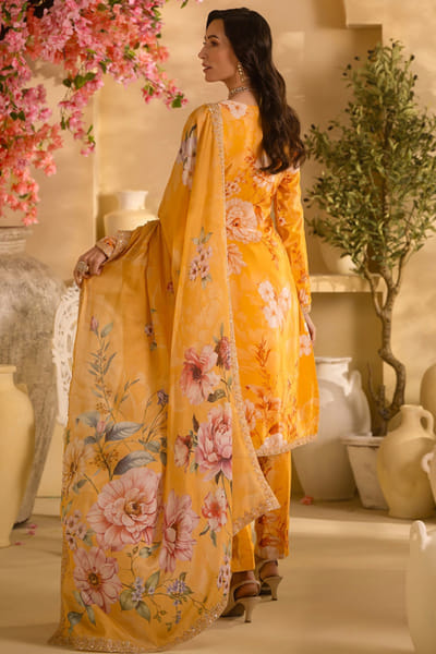 Lashkaraa Marigold yellow floral embroidered kurta set LASHJUL26D149630