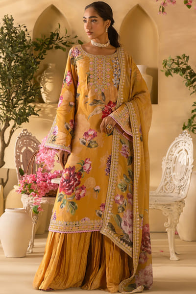 Lashkaraa Mustard floral embroidered sharara set LASHJUL26D149631