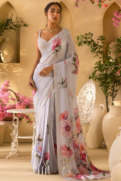 Lashkaraa Light blue floral embroidered sari set LASHJUL26D149643