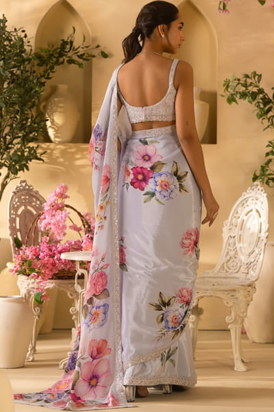 Lashkaraa Light blue floral embroidered sari set LASHJUL26D149643