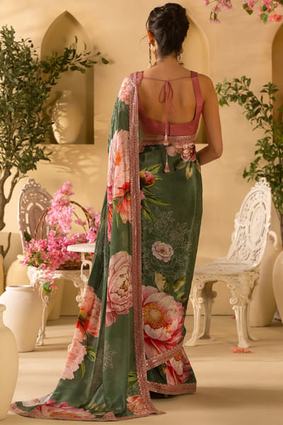 Lashkaraa Green floral embroidered sari set LASHJUL26D149644