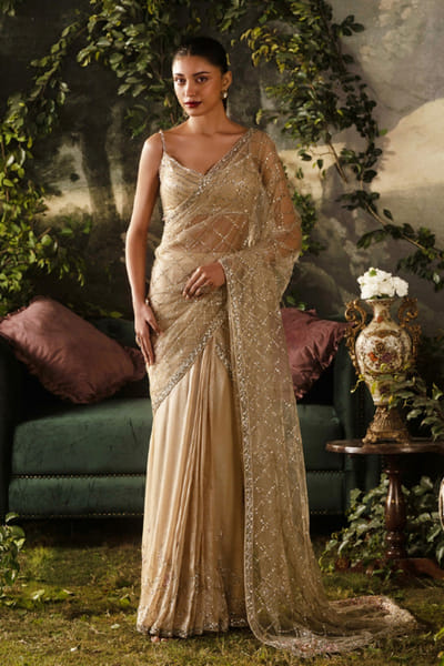 Lashkaraa Soft gold bead embroidered sari set LASHJUL26D150811