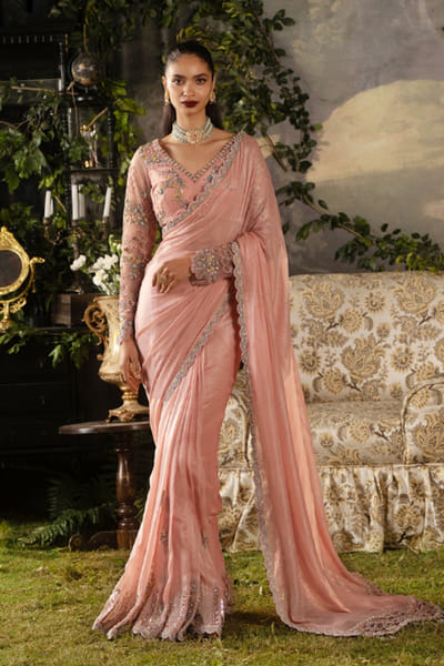 Lashkaraa Dusty peach zari embroidered sari set LASHJUL26D150812