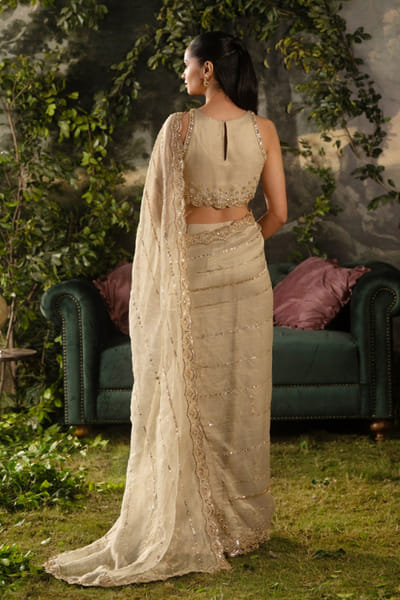Lashkaraa Gold sequin embroidered sari set LASHJUL26D150813