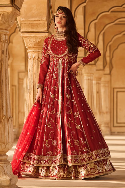 Maroon floral zari embroidered anarkali set