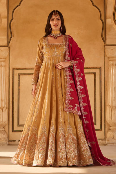 Mustard yellow zari embroidered anarkali set