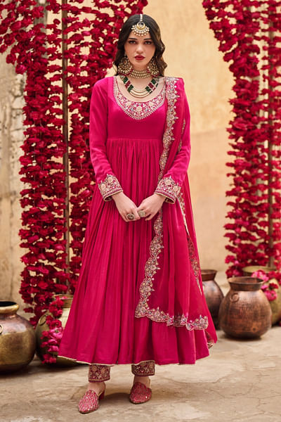 Hot pink floral zari embroidered anarkali set
