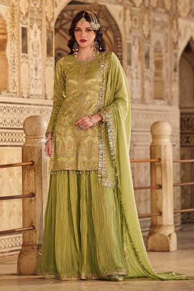 Mint green zari embroidered sharara set