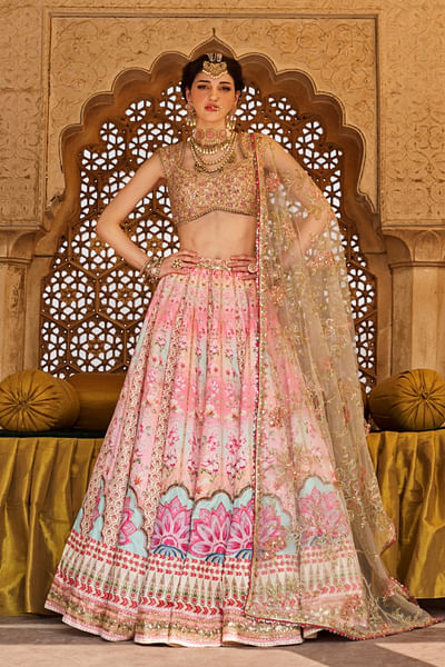 Pink floral print and embellished lehenga set