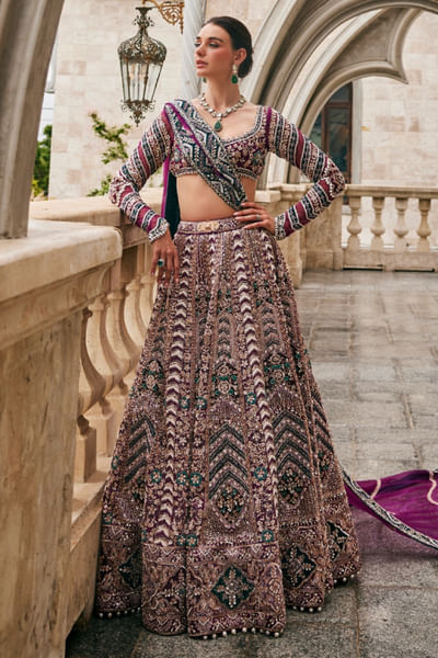 Berry wine and teal embroidered lehenga set
