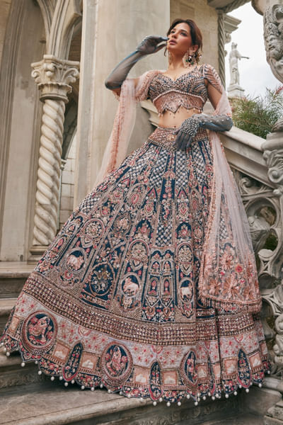 French blue-blush pink embroidered lehenga set