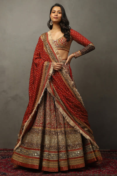 Ri Ritu Kumar Prune embroidered block printed lehenga set RIRIMAY26D145561