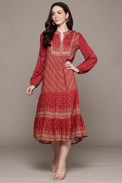 Red geometric pattern long dress