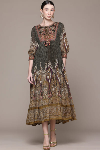 Olive printed and embroidered long dress