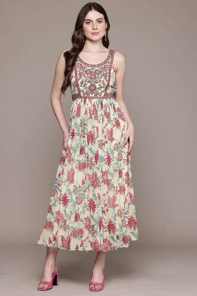 Ecru floral print embroidered dress