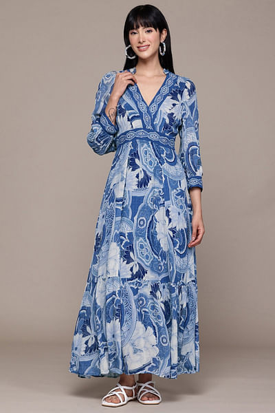 Blue floral printed tiered dress