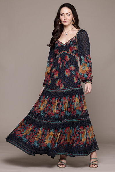 Black floral printed long dress
