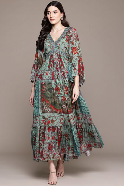 Teal floral printed tiered long dress
