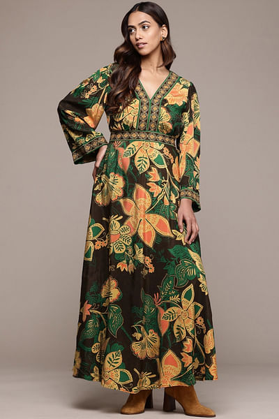 Coffee brown botanical printed dress