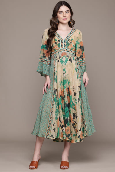 Mint green floral printed viscose crepe dress